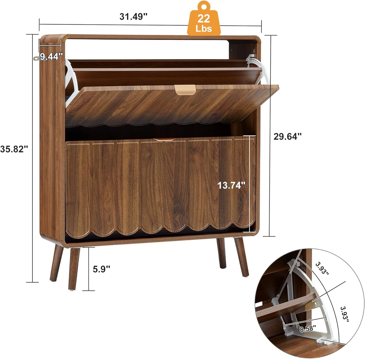 ORRD Shoe Storage Cabinet for Entryway with 2 Flip Drawers Set of 2, Freestanding Narrow Wood Shoe Cabinet with Wave Panel, Hidden Shoe Organizer for Foyer, Hallway (Walnut)