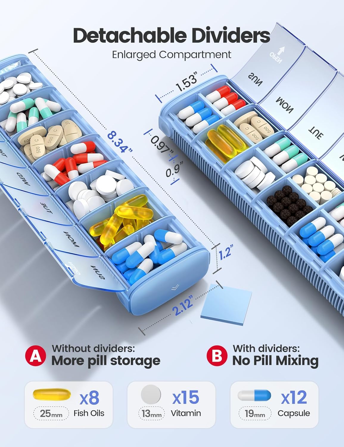 VAYDEER Metal Weekly Pill Organizer – Moisture-Proof Travel Pill Organizer with Built-in Desiccant Chamber and Airtight Lids – Large-Capacity Pill Box for Vitamins, Medicines & Supplements (Black)