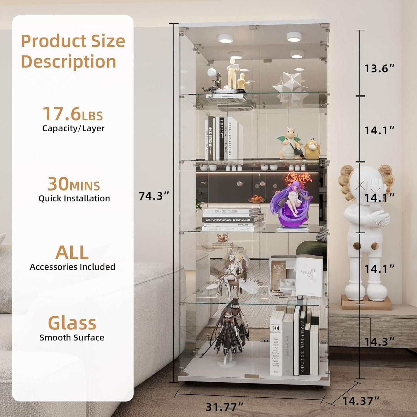 Beauty4U Glass Display Cabinet with LED Lights and Mirror, 5 Shelves with 2 Doors, Curio Cabinets for Living Room, Bedroom, Office, White Floor Standing Glass Bookshelf, Quick Installation