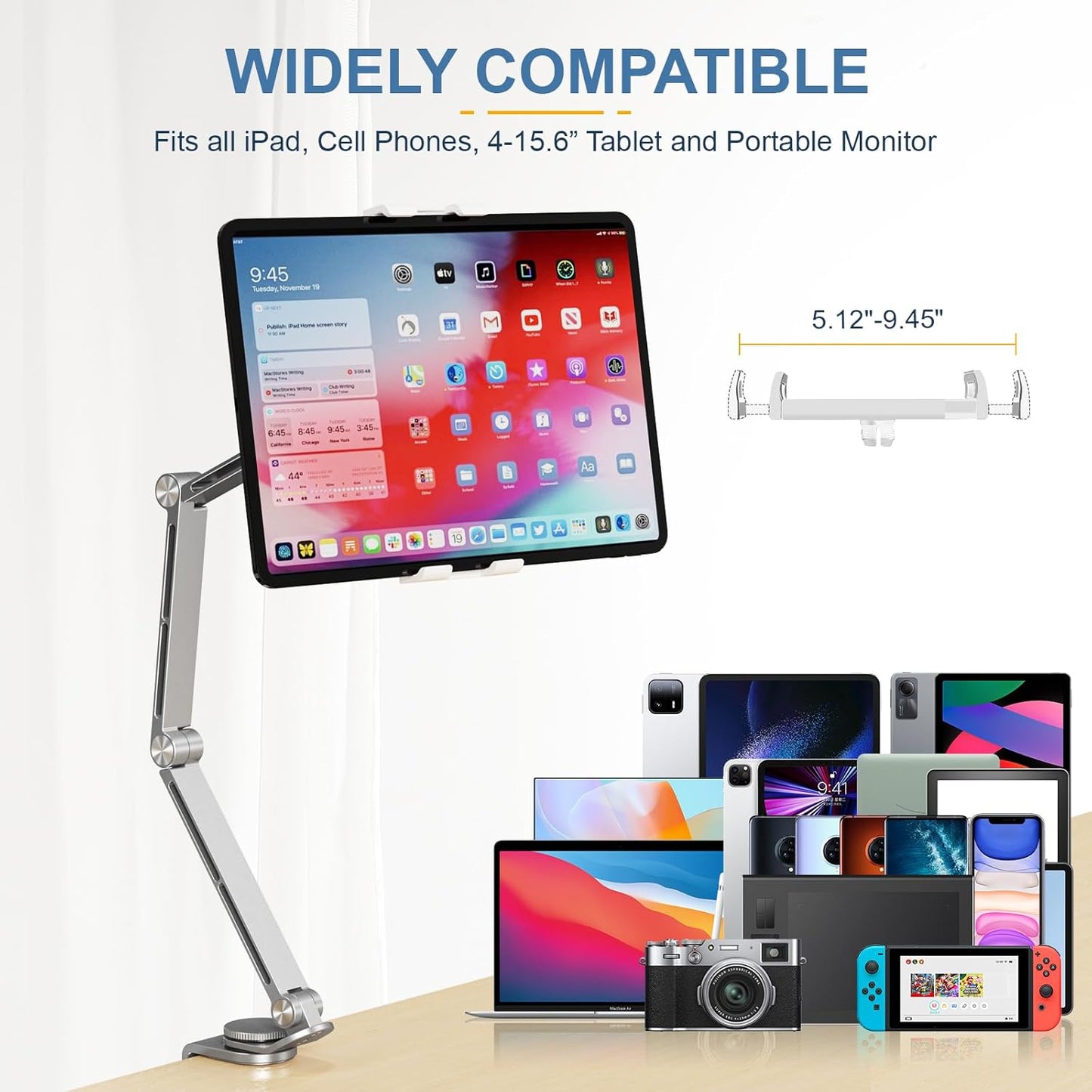 Houele Tablet Stand Holder, Adjustable Foldable Tablet Arm iPad Desk Mount with 360°Rotate Base, Phone Holder iPad Stand for Desk and Bed, Compatible with Tablets, Phones or Other 4-15.6" Device