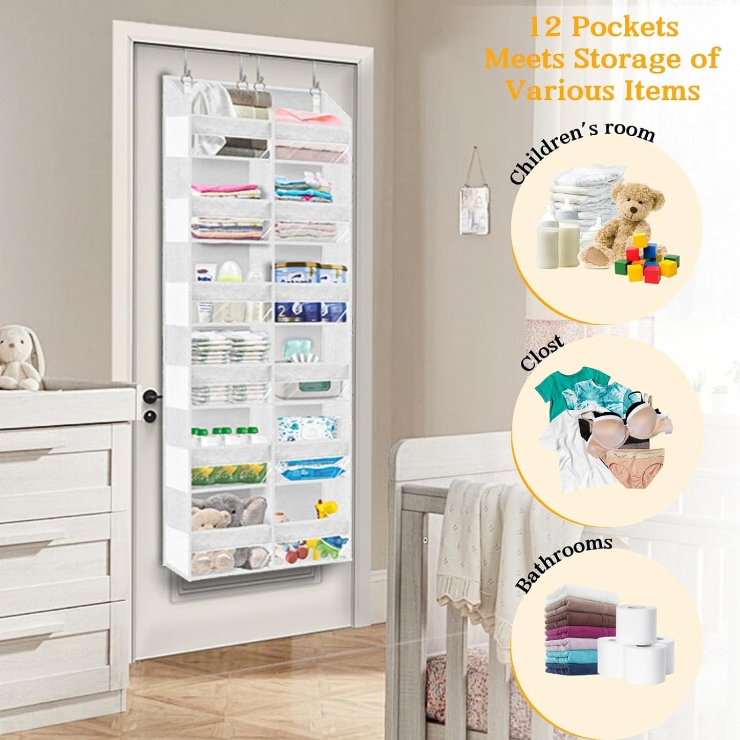 Over The Door Organizer 6 Tiers, Extra Large Behind Door Storage of 12 Compartments, 80 lbs Weight Capacity Hanging Storage Organizer with Clear Window Kids Toys, Shoes,Diapers, Room Storage, White