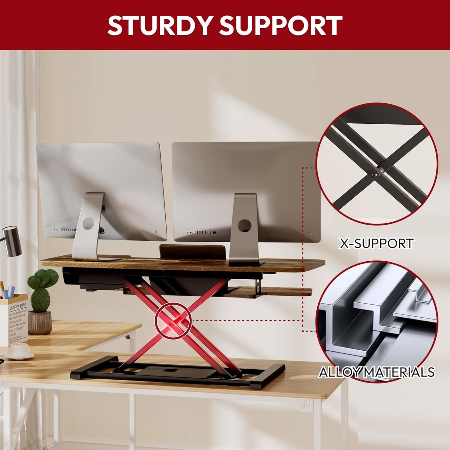 SANODESK Standing Desk Converter with Electric Motor 35" Height Adjustable Desk Riser for Office Home,Monitor and Laptop Workstation with Large Keyboard Tray, Rustic Color