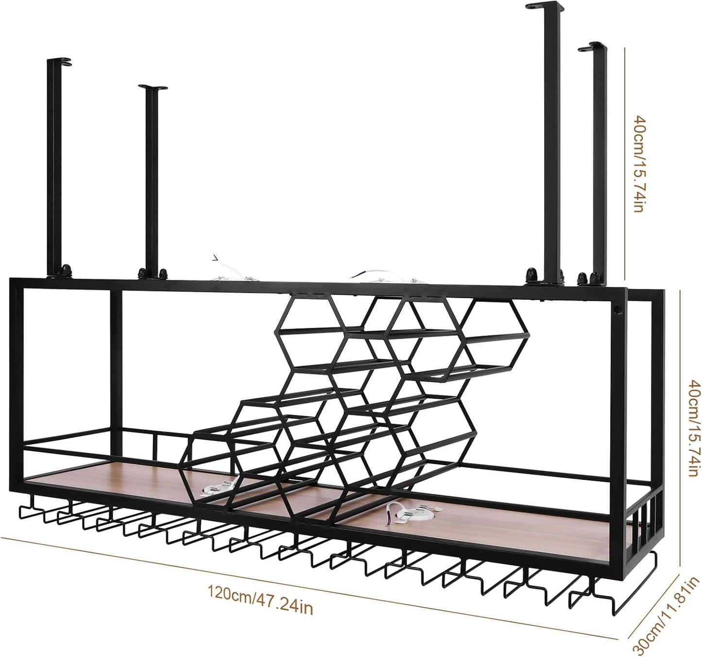Metal Hanging Wine Rack Hanging Organizer Ceiling Bar Wine Glass Rack with Glass Holder and Shelf Multi Functionl Wine Bottle Holder Organizer, for Bar Cafe Kitchen