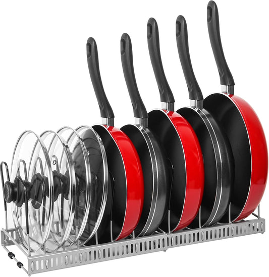 ROOHUA Pot Rack Organizer -Expandable Pot and Pan Organizer for Cabinet,Pot Lid Organizer Holder with 10 Adjustable Compartment for Kitchen Cabinet Cookware Baking Frying Rack