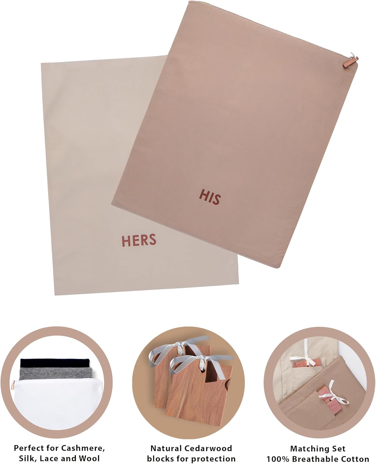 Delicates, Cashmere Wool Sweater Storage Bag Pouch Set with integrated Cedar Wood (His & Hers)