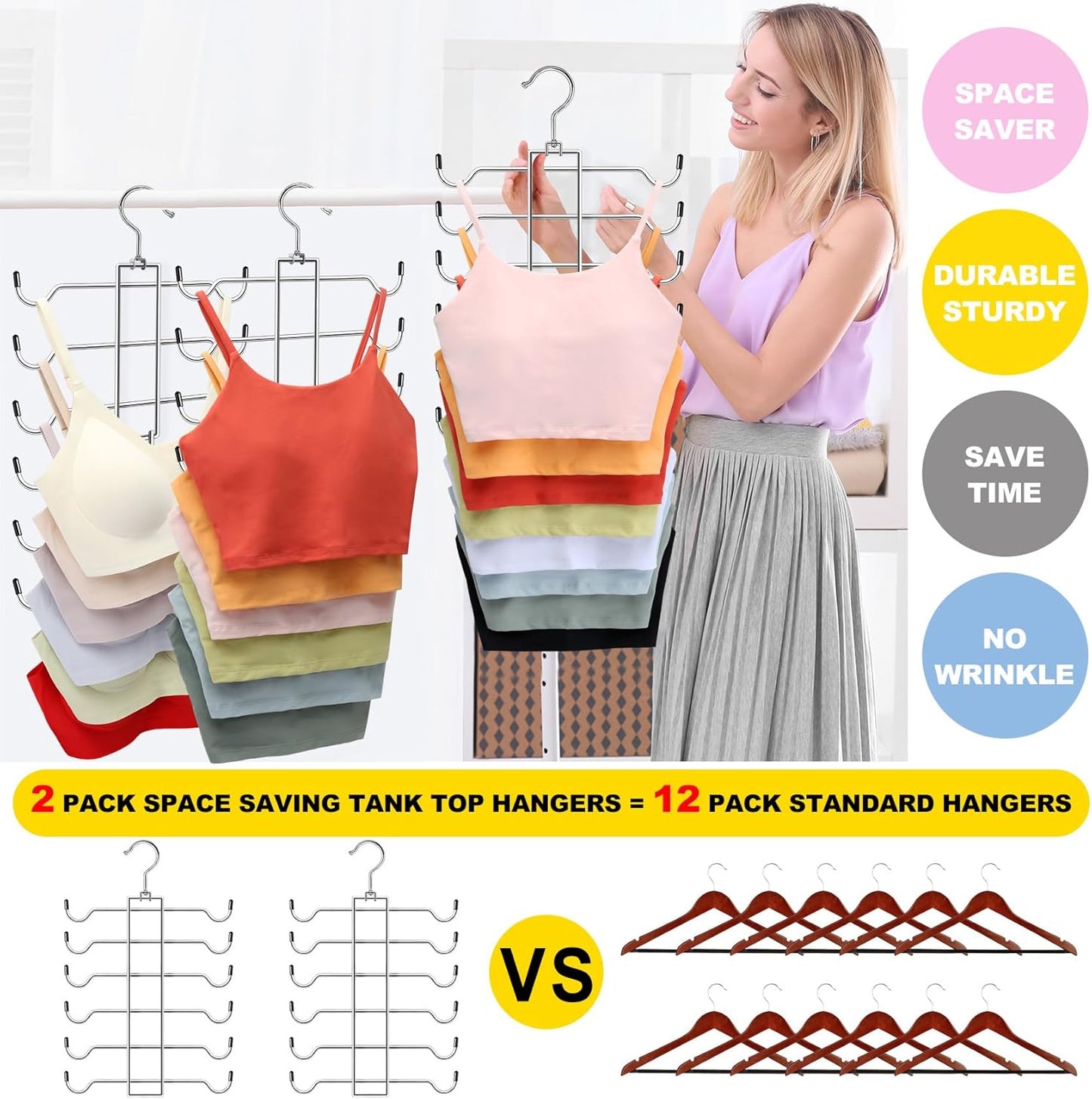 Tank Top Hanger, 6 Tier Space Saving Bra Hangers, Closet Organizers and Storage, Dorm Room Essentials for Girls, Organization for Camisoles Sports Bras Strappy Dress Swimsuits Ties, 2 Pack
