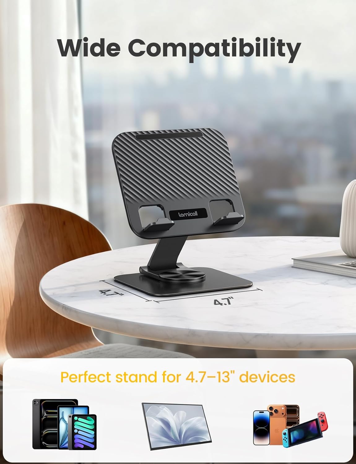 Lamicall Adjustable iPad Stand for Desk - [Ultra-Slim Foldable][360°Rotation] Tablet Stand with Heavy-Duty Base, Tablet Holder for 4.7-13" Devices, 2025 iPad Pro Air Mini, Kindle, iPhone 17 Pro Max