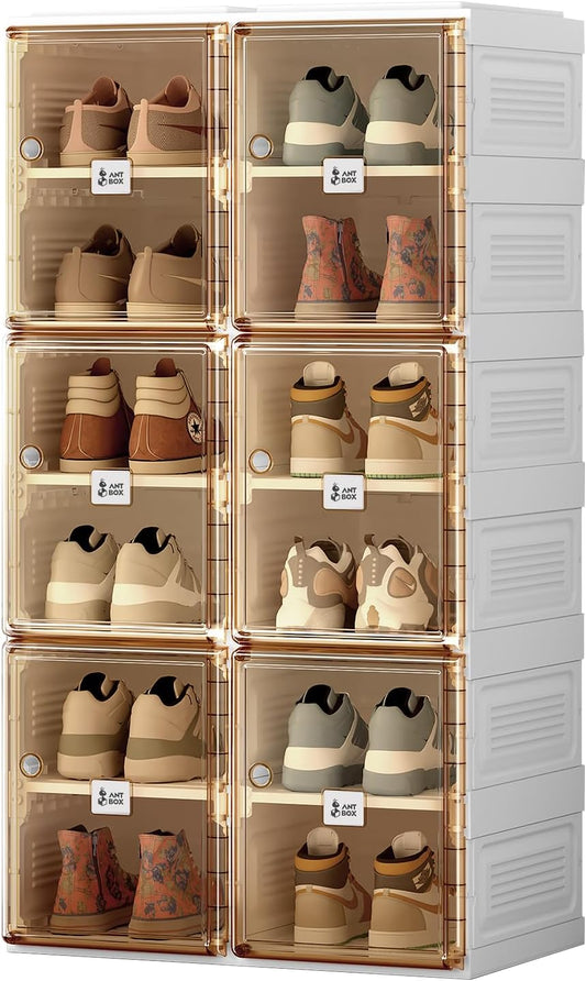 ANTBOX Shoe Organizer Storage Box, Portable Folding Shoe Rack For Closet With Magnetic Clear Door,Large Sneaker Cabinet Bins Sturdy Easy Assembly 6 Layers-12 Grids