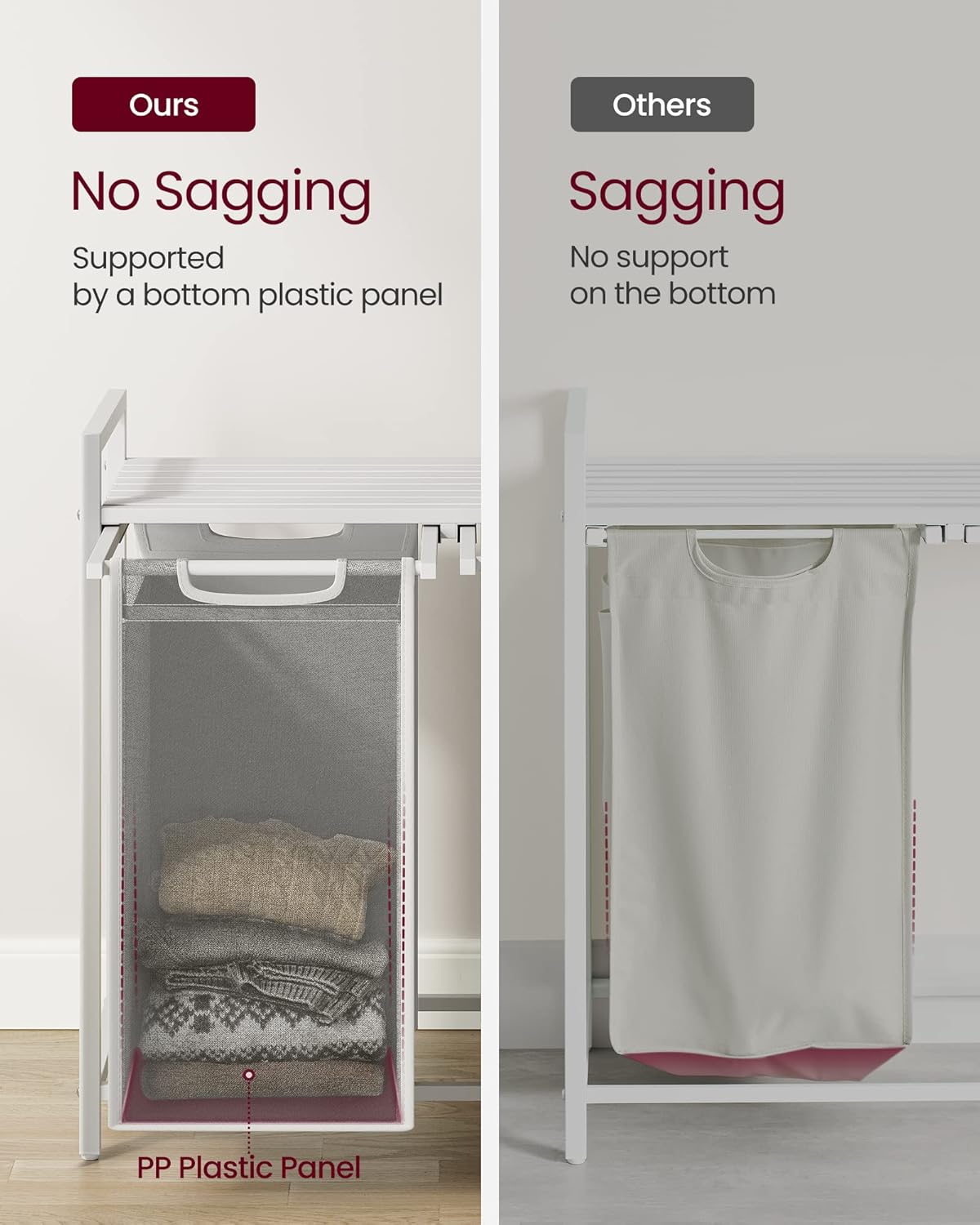 VASAGLE Laundry Hamper, Laundry Basket, Laundry Sorter with 2 Pull-Out and Removable Bags, Shelf, Metal Frame, 2 x 12.1 Gallons (46 L), 28.8 x 13 x 28.4 Inches, Cream White and Cloud White UBLH201W01