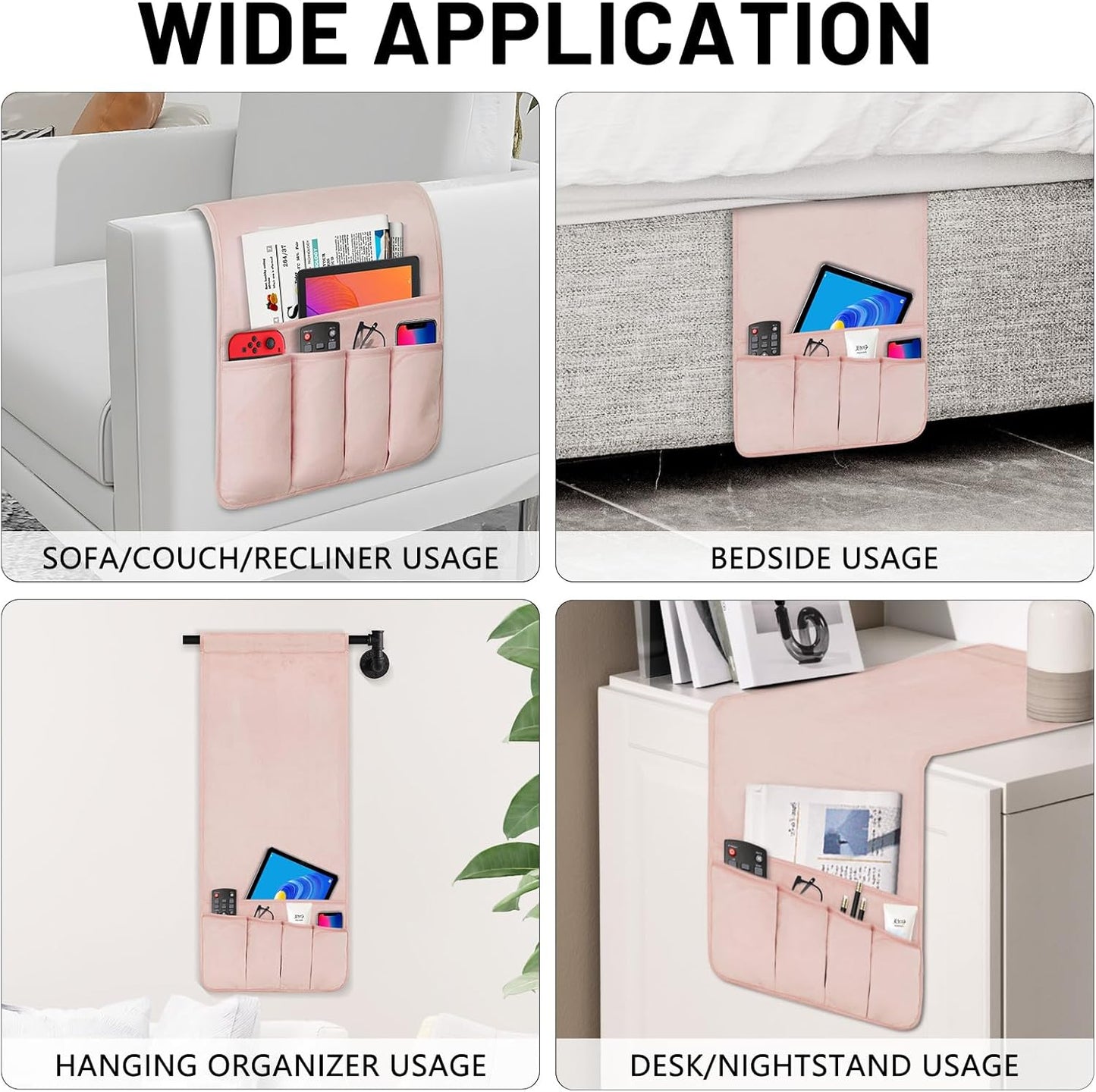 Remote Control Holder for Armchair，Couch Caddy Organizer TV Remote Holder for Bed Storage 5 Pockets，Remote Caddy Bedside Organizer Bedside Table Organizer (Pink, 35"x12.4")