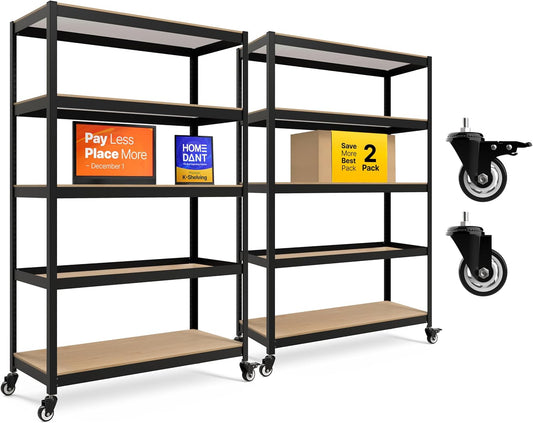 HOMEDANT House 5-Tier Metal Boltless Rolling Cart Shelf Rack Casters Heavy Duty Wheel Shelving Unit Adjustable Utility Storage Shelves Organizer Shelf Kitchen Garage 48.1" W x 18.5" D x 75.4" H 2Pack