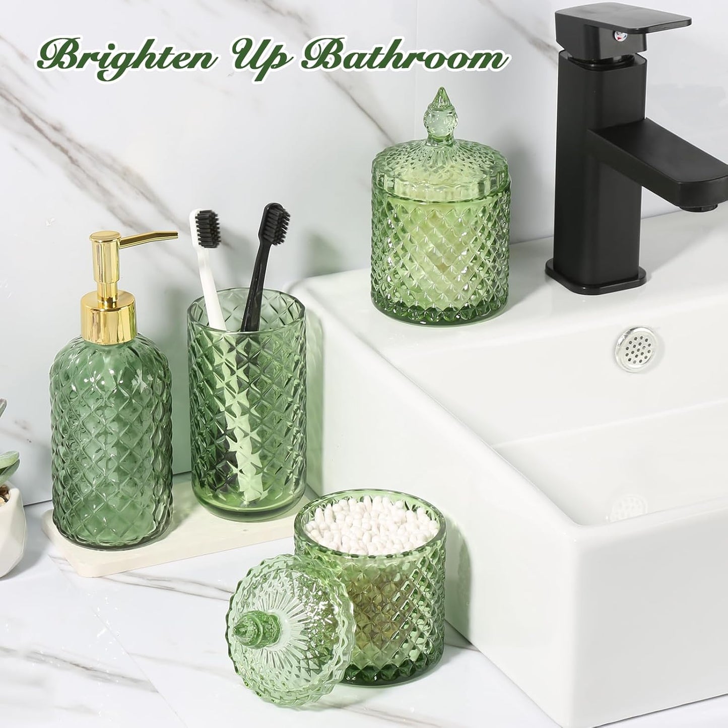 Green Bathroom Accessories Set, 4 Pack Olive Green Bathroom Decor Accessory Sets Complete, Diamond Glass Soap Dispenser and Toothbrush Holder Set for Bath Counter Organizer Essentials