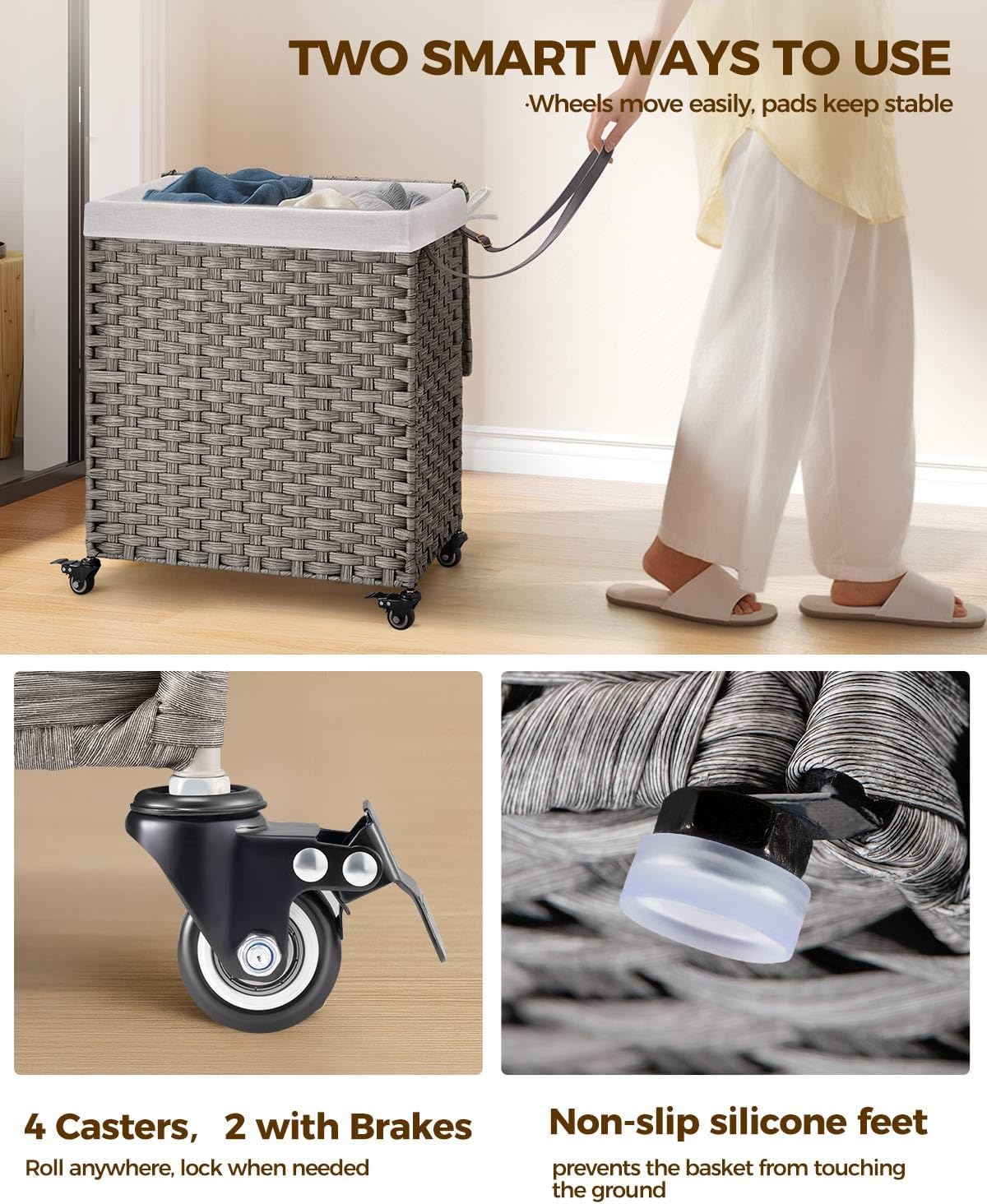 Greenstell Laundry Hamper with Wheels, No Install Needed, 110L Divided Handwoven Hampers & 2 Removable Liner Bags, Rattan Clothes Laundry Basket with Lid & Handles, Foldable Hampers Gray 22x13x26.4 In
