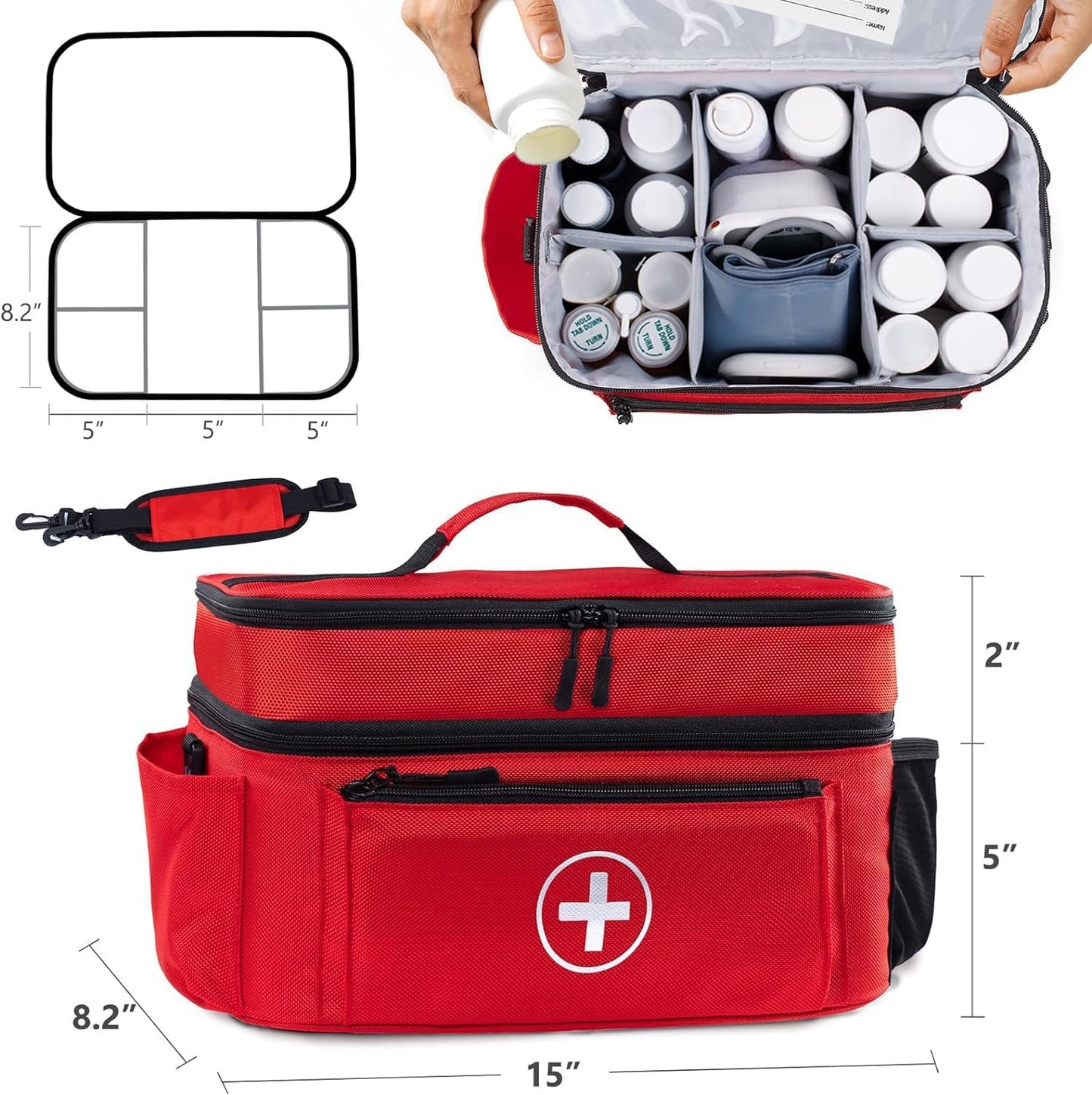Medicine Organizer and Storage Bag Empty, Family First Aid Box, Pill Bottle Organizer Bag for Emergency Medication, Supplements or Medical Kits, Zippered Medicine Bag for Home and Travel (Red)