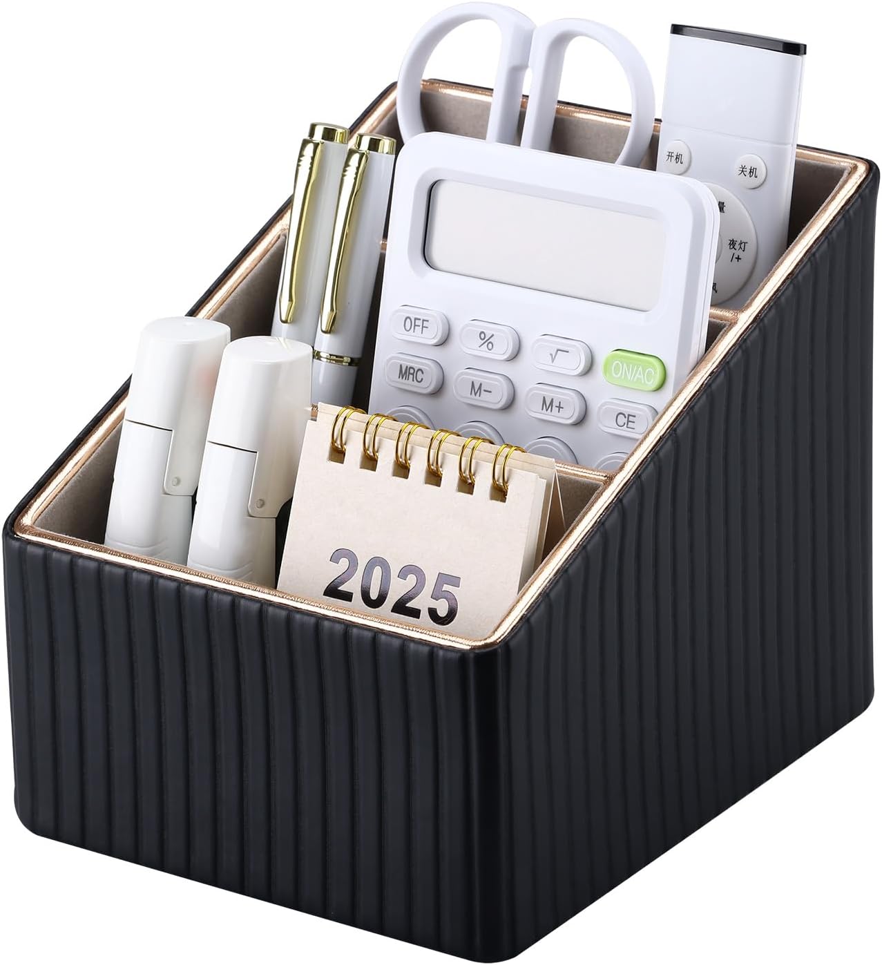 KINGFOM 3 Slot PU Leather Remote Controller Holder, Home Sundries Storage Box, TV Guide/Mail/CD Organizer/Caddy/Holder with Free Cable Desk Organizer (Black Striped)