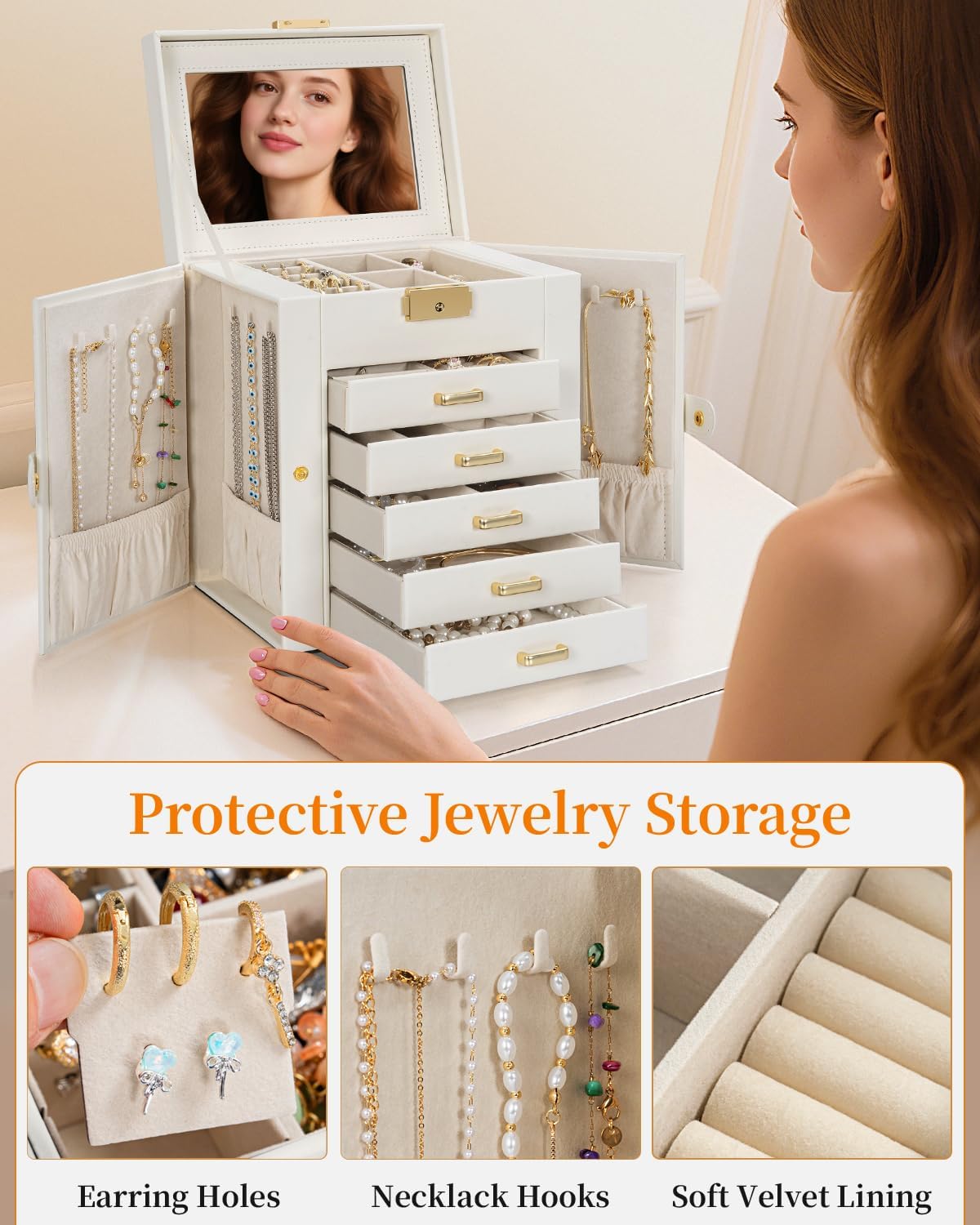 TORIBIO Large Jewelry Box for Women, Leather Jewelry Organizer with Mirror & Lock, 6-Tier Jewelry Storage Case for Girls/Women/Mothers, Necklace Earring Bracelets Holder Organizer