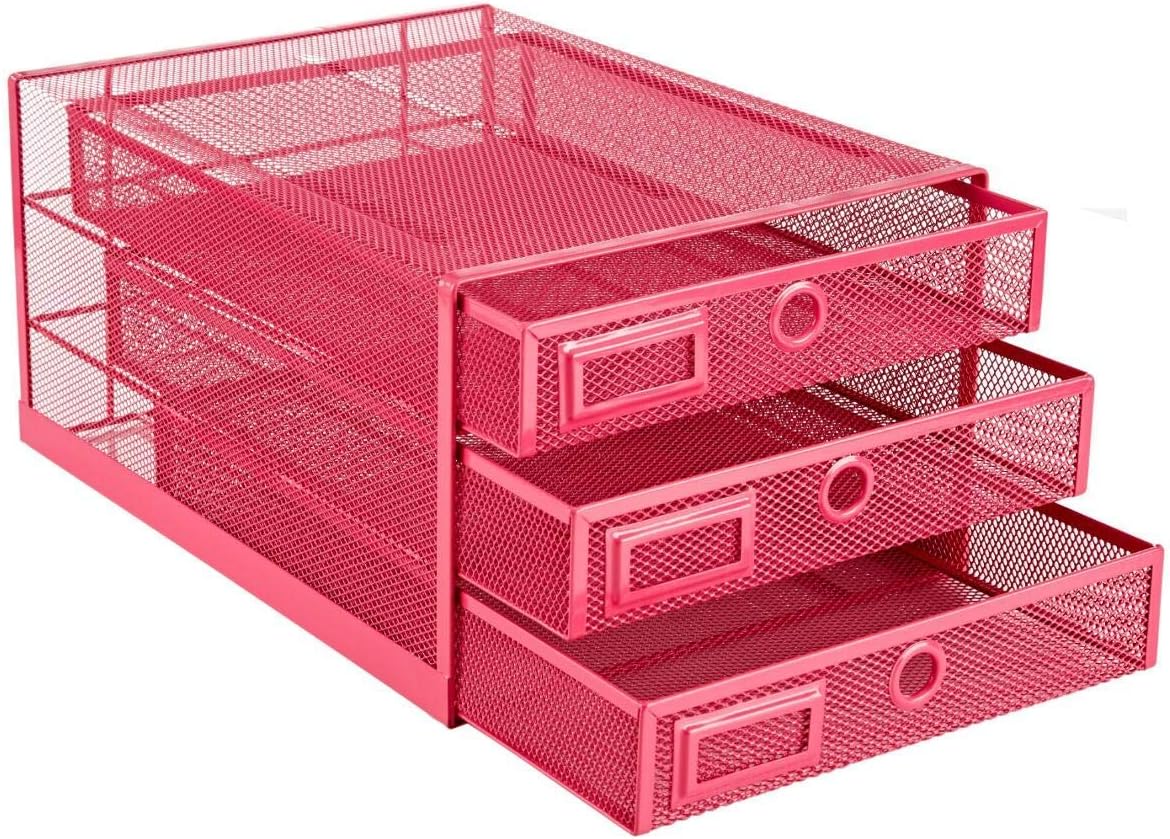 Annova Desk Organizer Wire Mesh 3 Tier Sliding Drawers Paper Sorter/Multifunctional/Premium Solid Construction for Letters, Documents, Mail, Files, Paper, Kids' Art Supplies (Pink)