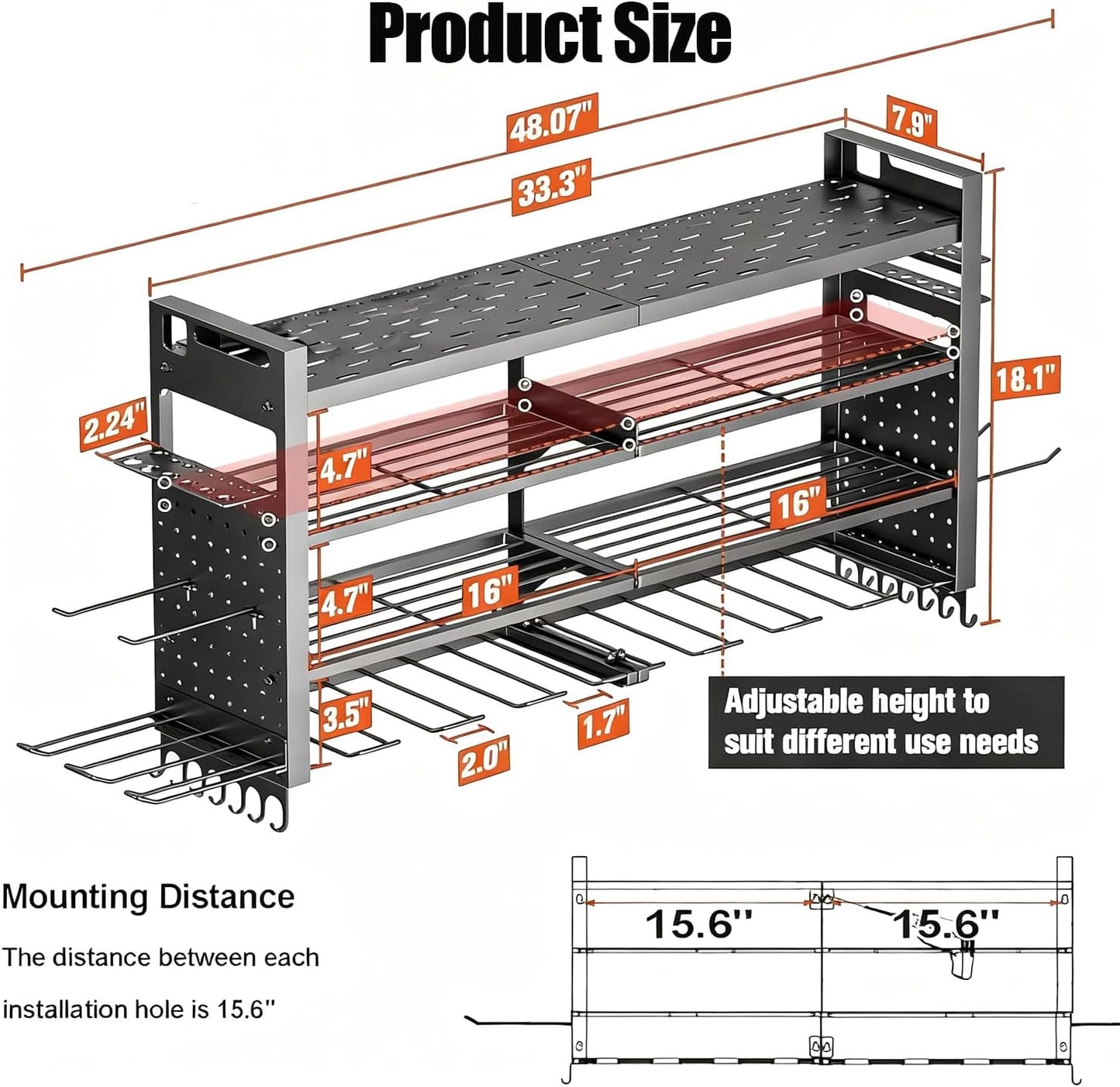 33" W Power Tool Organizer Wall Mount,4-Layer Heavy Duty Tool Storage with 10 Cordless Drill Holder,300 lb Capacity Garage Organization for Garage and Workshop,Black