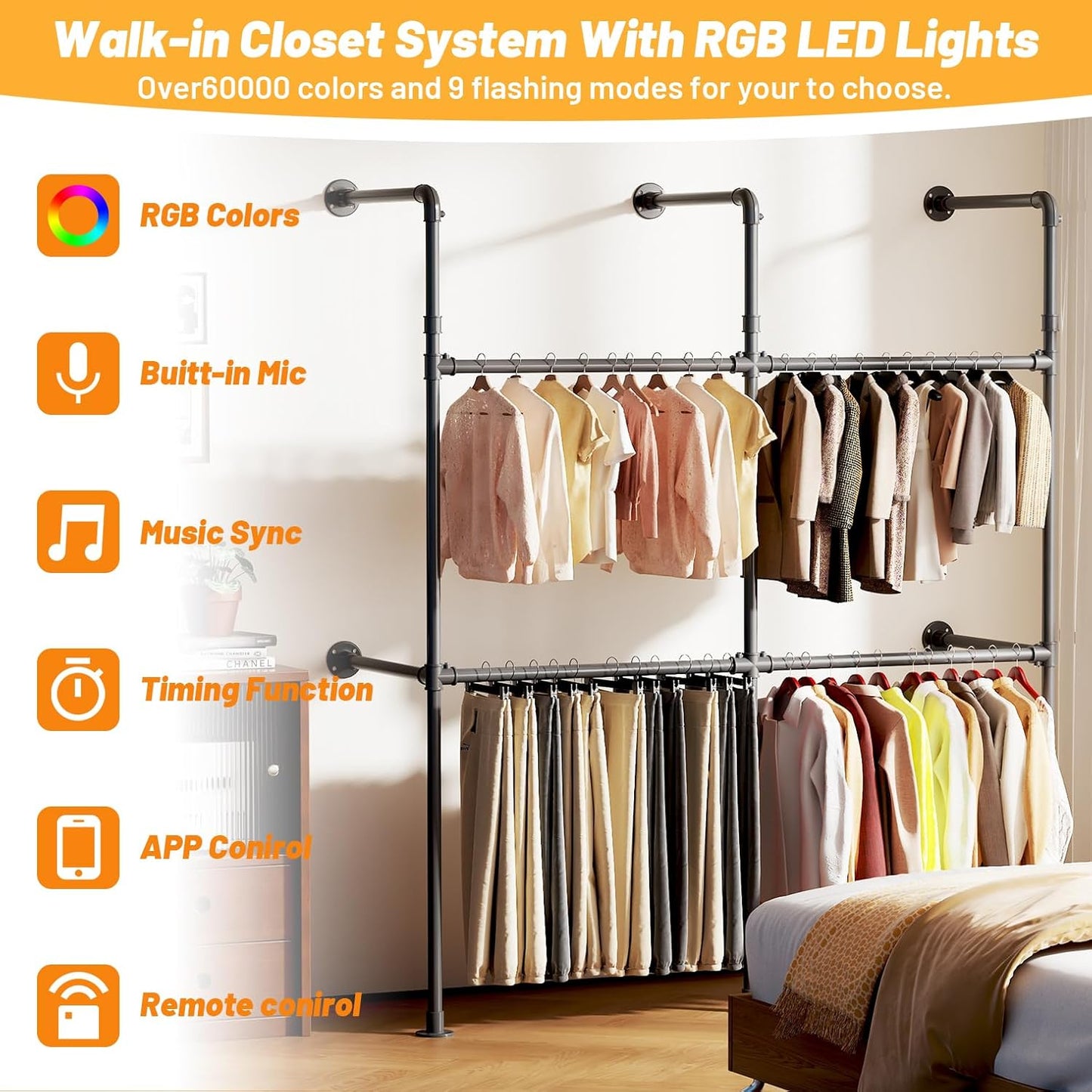 Industrial Pipe Clothing Rack, Reversible 79.7” Clothes Rack for Hanging Clothes with LED Lights, Black Wall Clothing Rack Wall Mounted Rack for Walk-in Closet, Laundry Room or Retail Display
