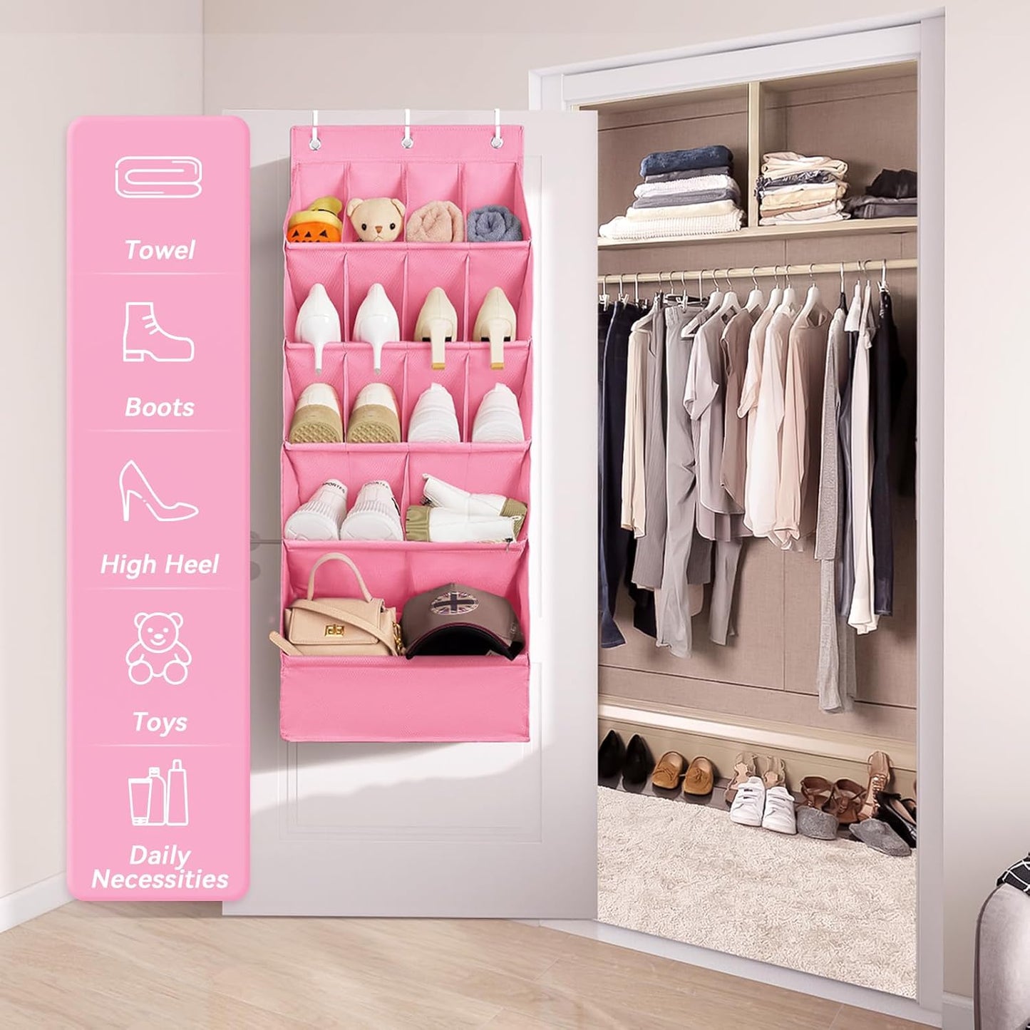 FENTEC 1 Pack Over-the-Door-Shoe-Organizers, Hanging Shoe Organizers with Large Pocket Shoe Holder Hanging Shoe Rack for Closet Shoes Organizer for Wall, Over Door Organizer with 15 Pockets Pink