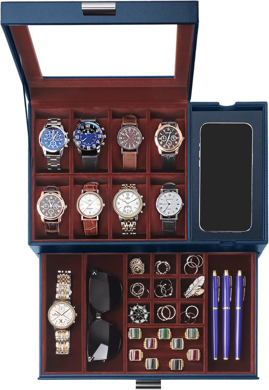 Dajasan Watch Box, Watch Case for Men, 8 Slot Watch Display Case with Glass Lid, Large Watch Holder Organizer, Watch Storage Case for Father's Day, Birthday, Christmas, New Year (Blue)