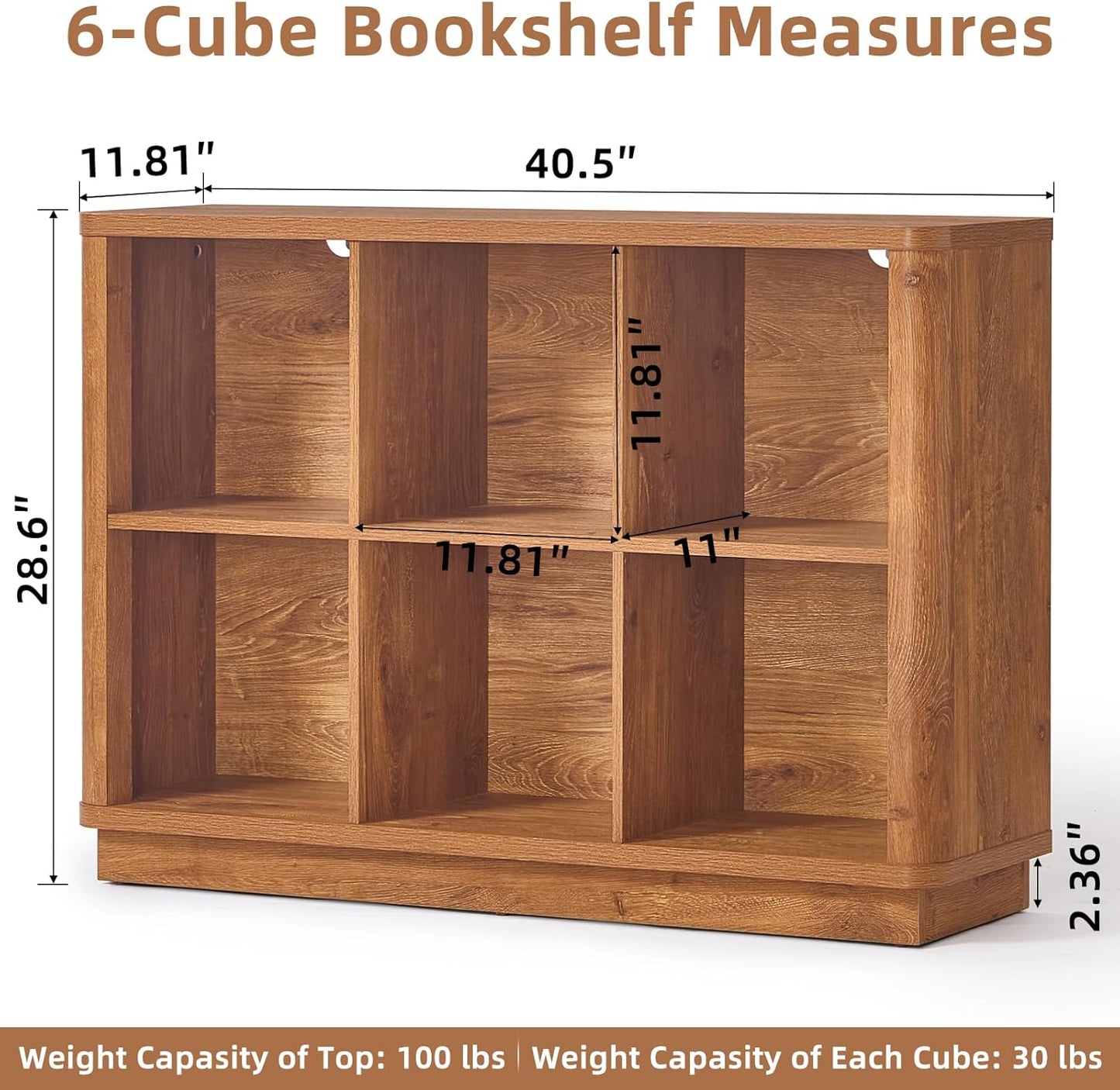 6 Cube Storage Organizer, 40" Wide Low Horizontal Book Shelf with Curved Edge, Floor Standing 2-Tier Wooden Bookshelf with Base, Modern Short Lattice Bookcase for Bedroom, Home Office, Brown