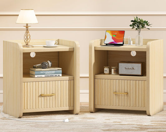 Night Stand with Charger Station, Fluted Nightstands Set of 2 with Drawer, Modern Bedside Table Set of 2, Wide Nightstands for Bedroom, Mid Century Wooden Night Stands for Home Sofa Couch