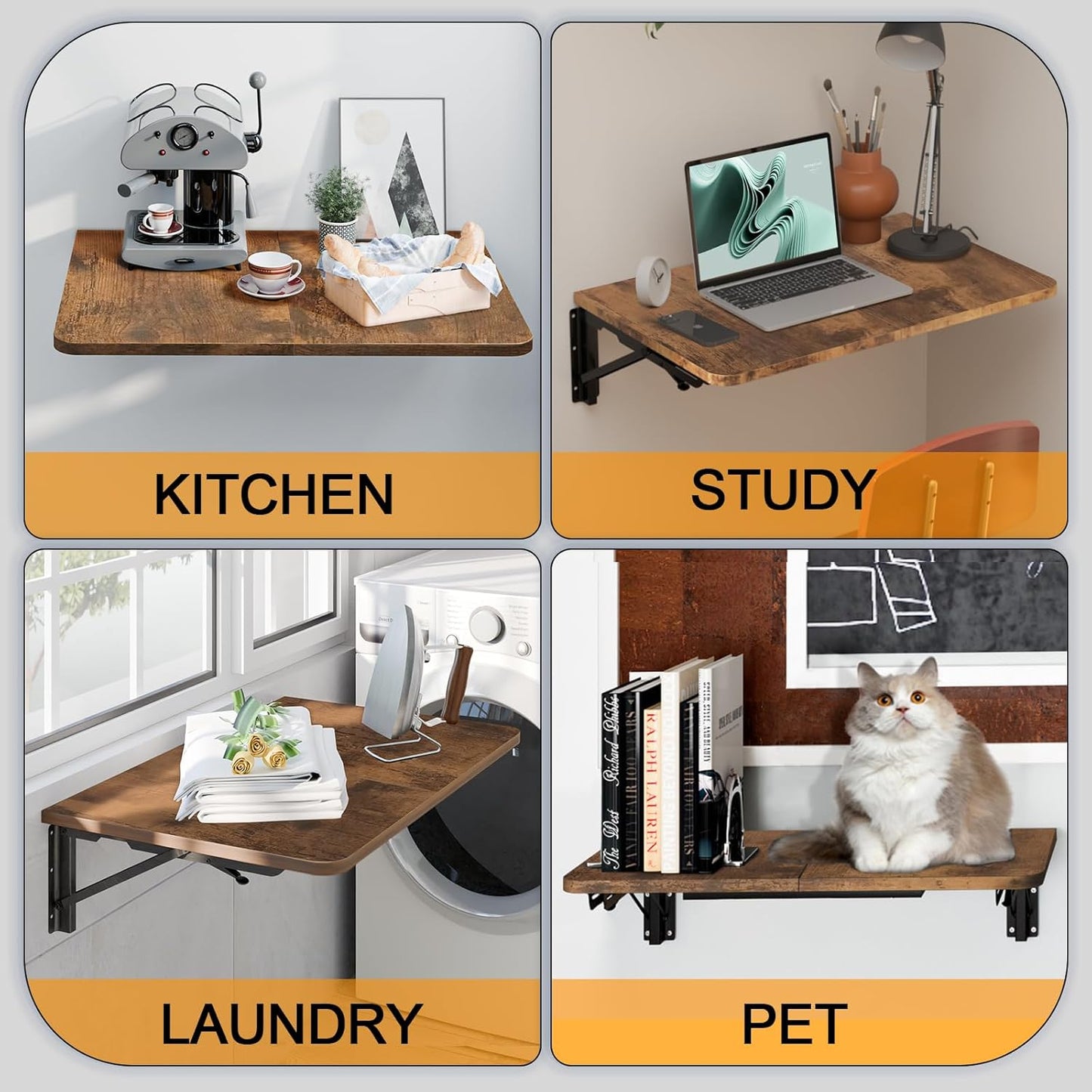 TEAMIX Wall Mounted Folding Table, Rustic Brown Floating Desk for Small Spaces Laundry Shelf with Heavy Duty Brackets Floating Desk for Garage, Utility Room, Kitchen, Laundry Room