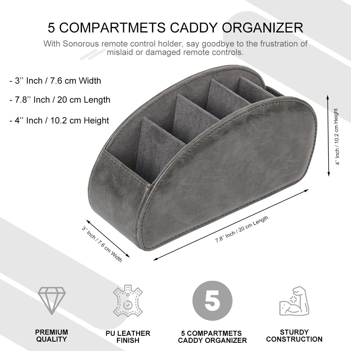 TV Remote Control Holder with 5 Compartments,Pu Leather Remote Caddy/Tray Bedside Table Desk Storage Organizer for DVD, Blu-Ray, Media Player, Heater Controllers andMakeup storage box (Grey)
