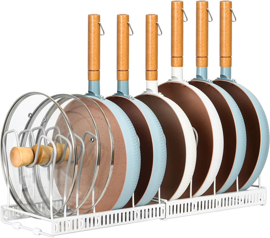 ROOHUA Pot Rack Organizer -Expandable Pot and Pan Organizer for Cabinet,Pot Lid Organizer Holder with 10 Adjustable Compartment for Kitchen Cabinet Cookware Baking Frying Rack