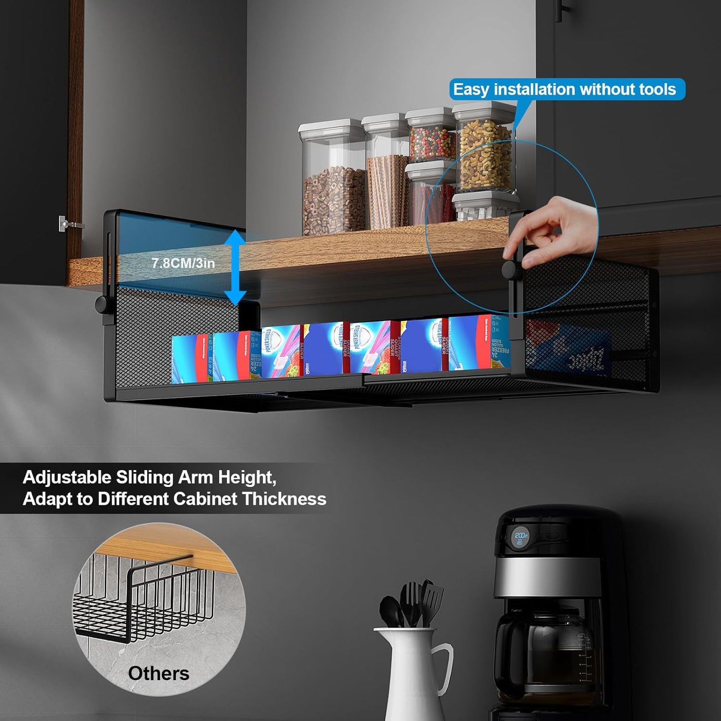 2Pack Under Shelf Basket, Adjustable Hanging Under Cabinet Shelf Storage, Hanging Holder Length Stretchable 14.9-22.6Inch for Kitchen Pantry Desk Counter Bookshelf Cupboard (Black)