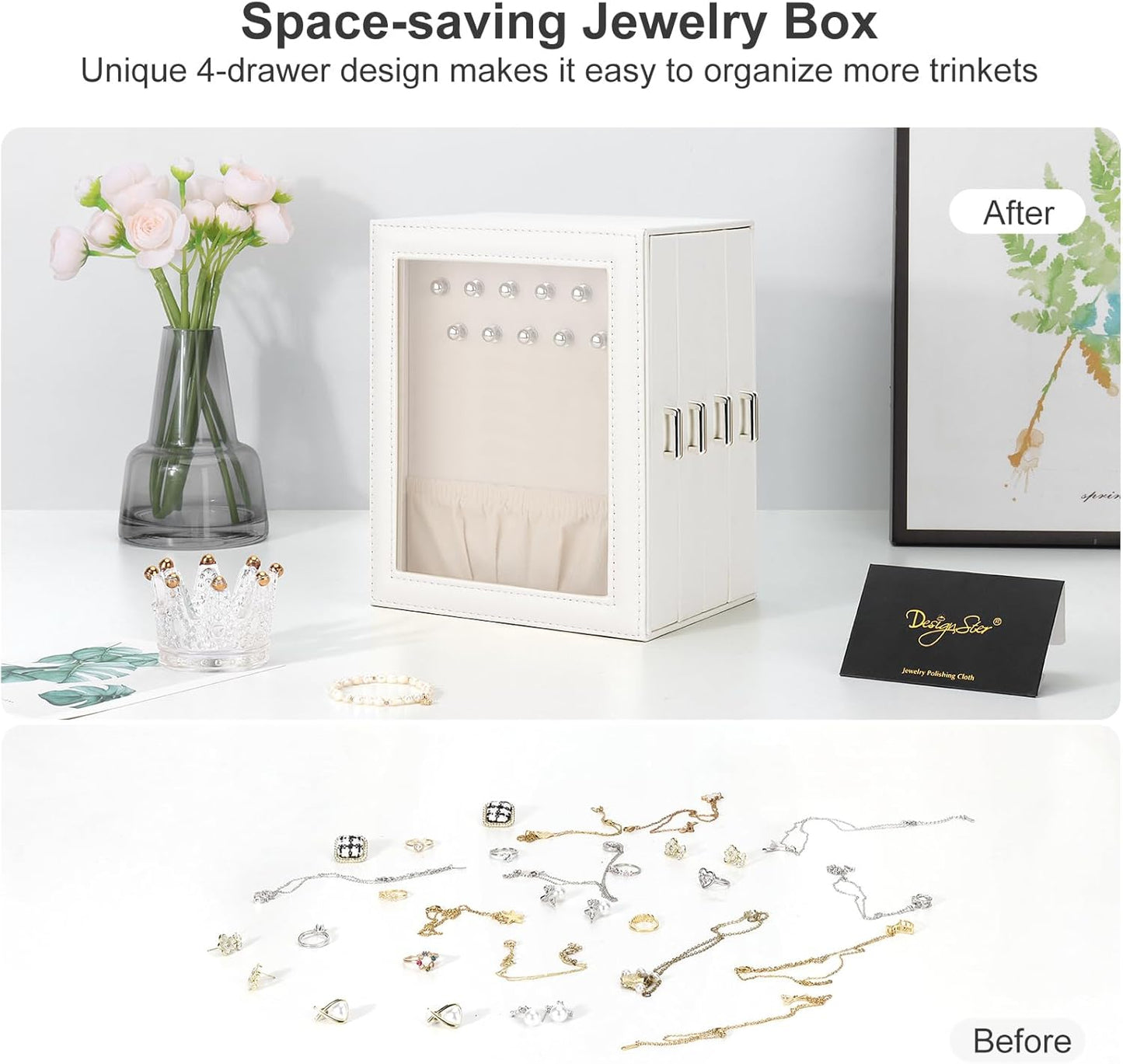 DesignSter Jewelry Box Organizer, Jewelry Box for Women, PU Jewelry Organizer Display Case with Side Drawers, Jewelry Storage for Earring Necklace Ring Bracelet Watch