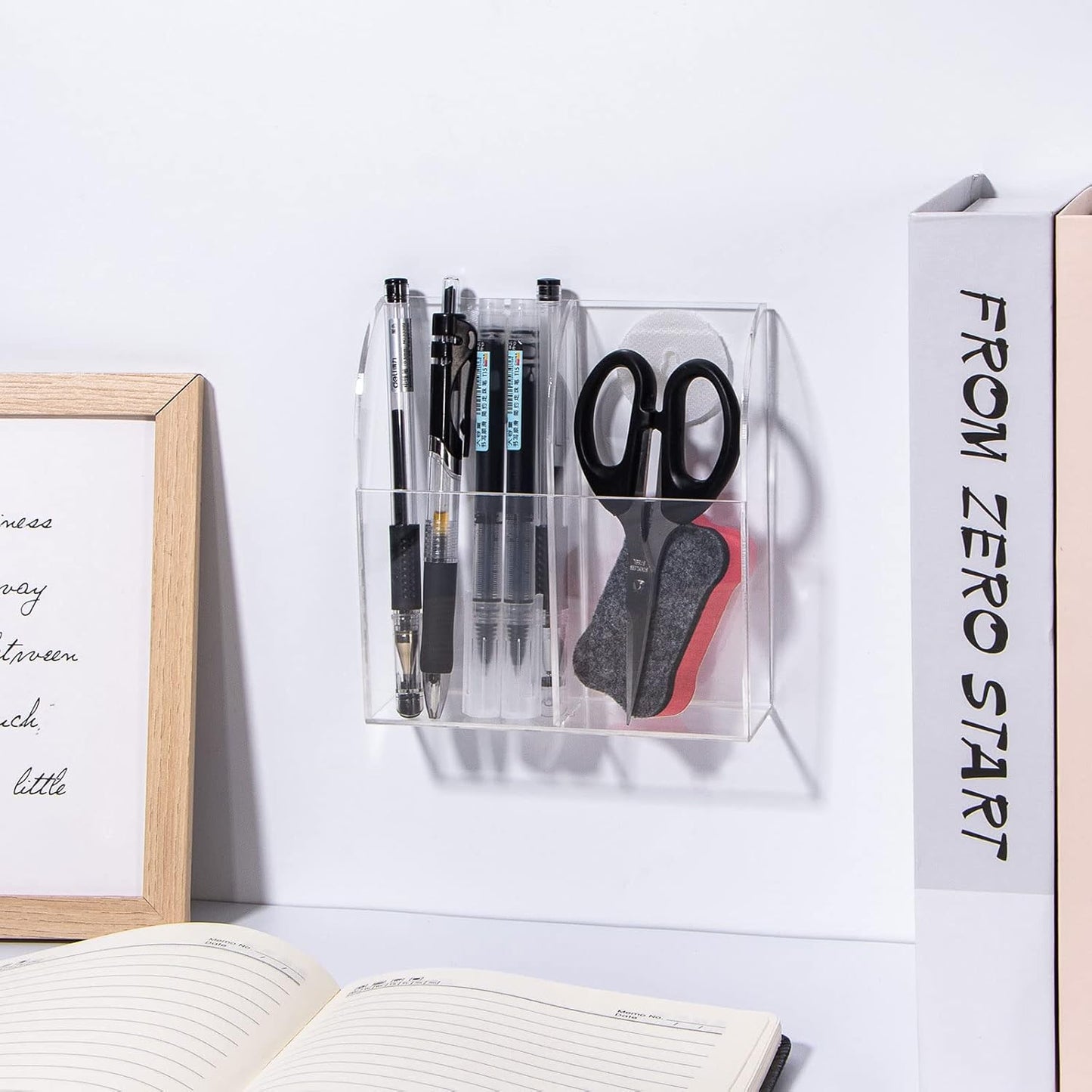 Yeeco Wall Mount Pen Holder Acrylic Remote Holder 2 Compartments, Clear Holder 5.3''1.6''5.6'' for Remote Control, Pens, Makeup, Key