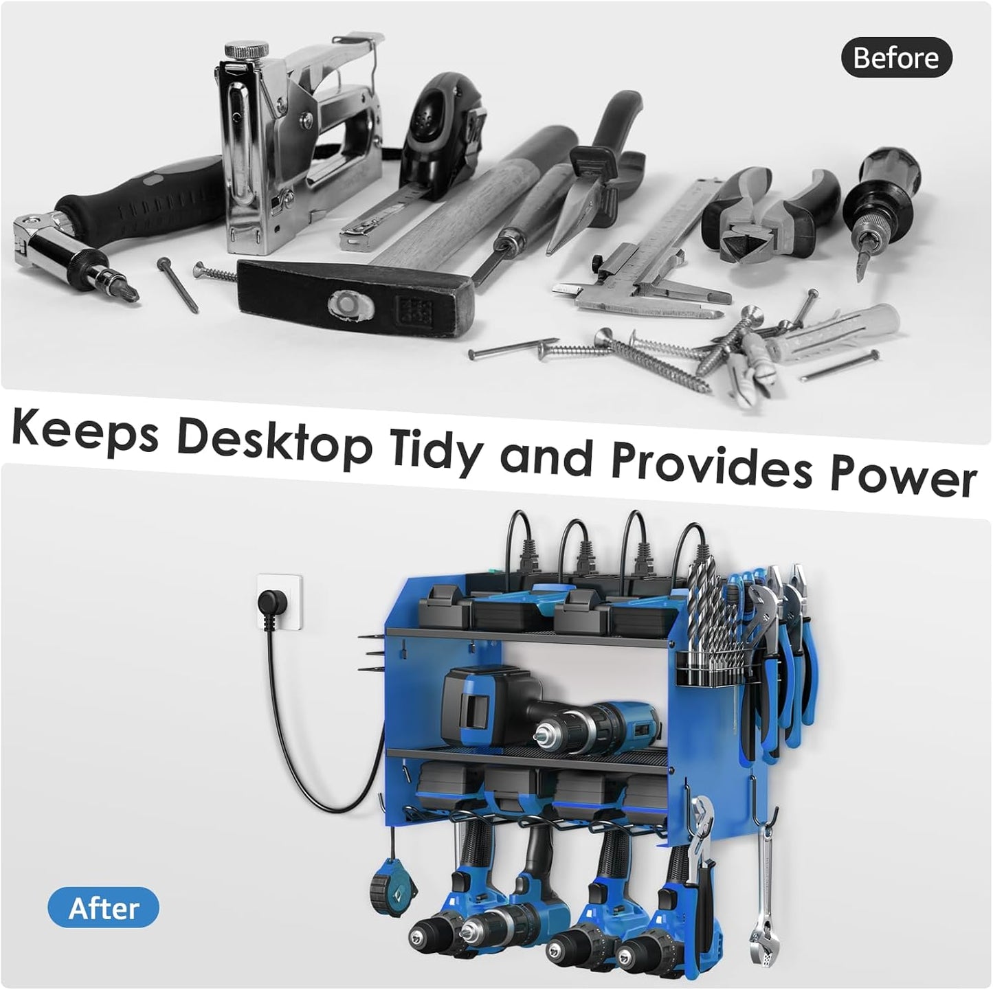 CCCEI Modular Power Tool Organizer Wall Mount with Charging Station. Garage Drill Storage Shelf with Hooks, Heavy Duty Rack, Tool Battery Holder Built in 8 Outlet. Gift for Men. Blue, 1 Pack.