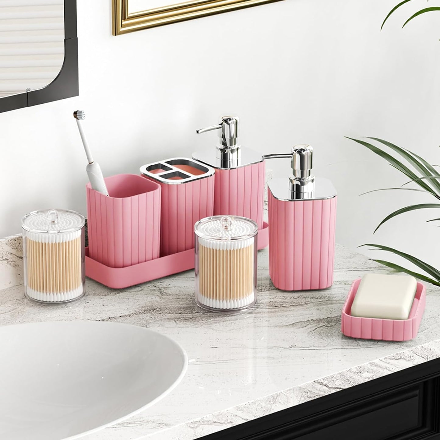 Pink Bathroom Accessories Set - Gorgeous Bathroom Set, 10PC Bathroom Accessory Set, Toilet Brush, Trash Can, Qtip Holder Dispenser & Soap Dispenser