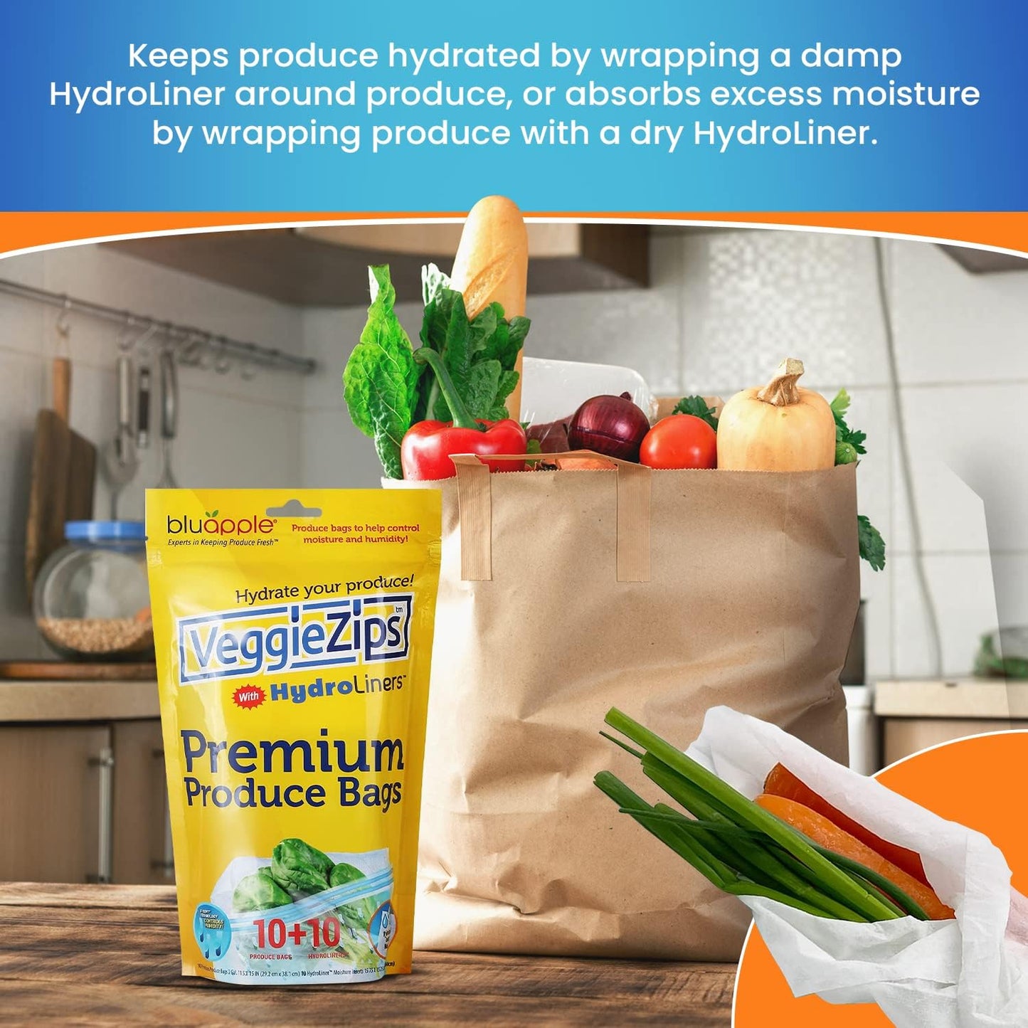 Bluapple VeggieZips Premium Produce Storage System - 20 Piece Set, 10 Food Saver Bags + 10 HydroLiners, Keep Produce Fresh Longer, Washable & Reusable Bags with Humidity Control for Fruit & Vegetables