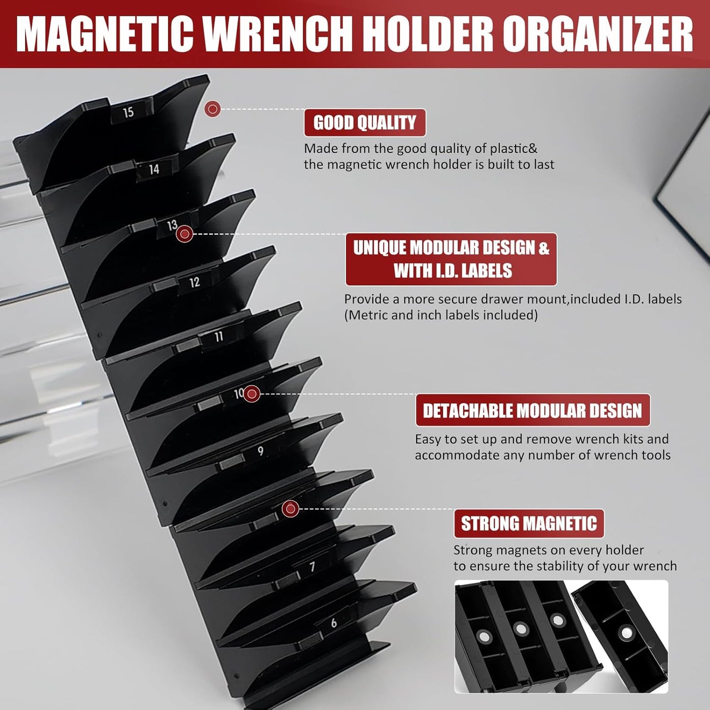 48PCS Magnetic Modular Wrench Organizer Wrench Holder - Wrenchs Tool Organizers for Tool Drawer Storage, Wrenchs Rack with Metric SAE Labels, Tool Storage Set Holder Festival for Mechanics