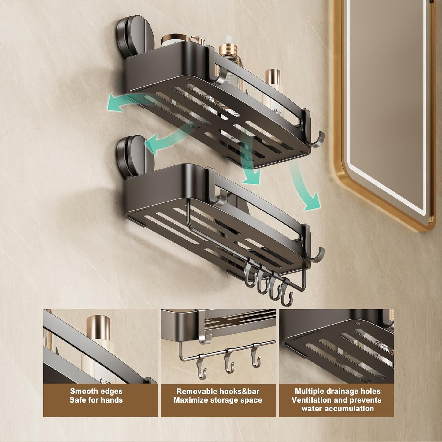 VOLPONE Shower Caddy Suction Cup, 2 Pack Corner Shower Shelves No Drilling, Showers Organizer Storage with Towel Bar & Removable Hooks, Bathroom Shower Shelf Rack for Inside Showers, Square