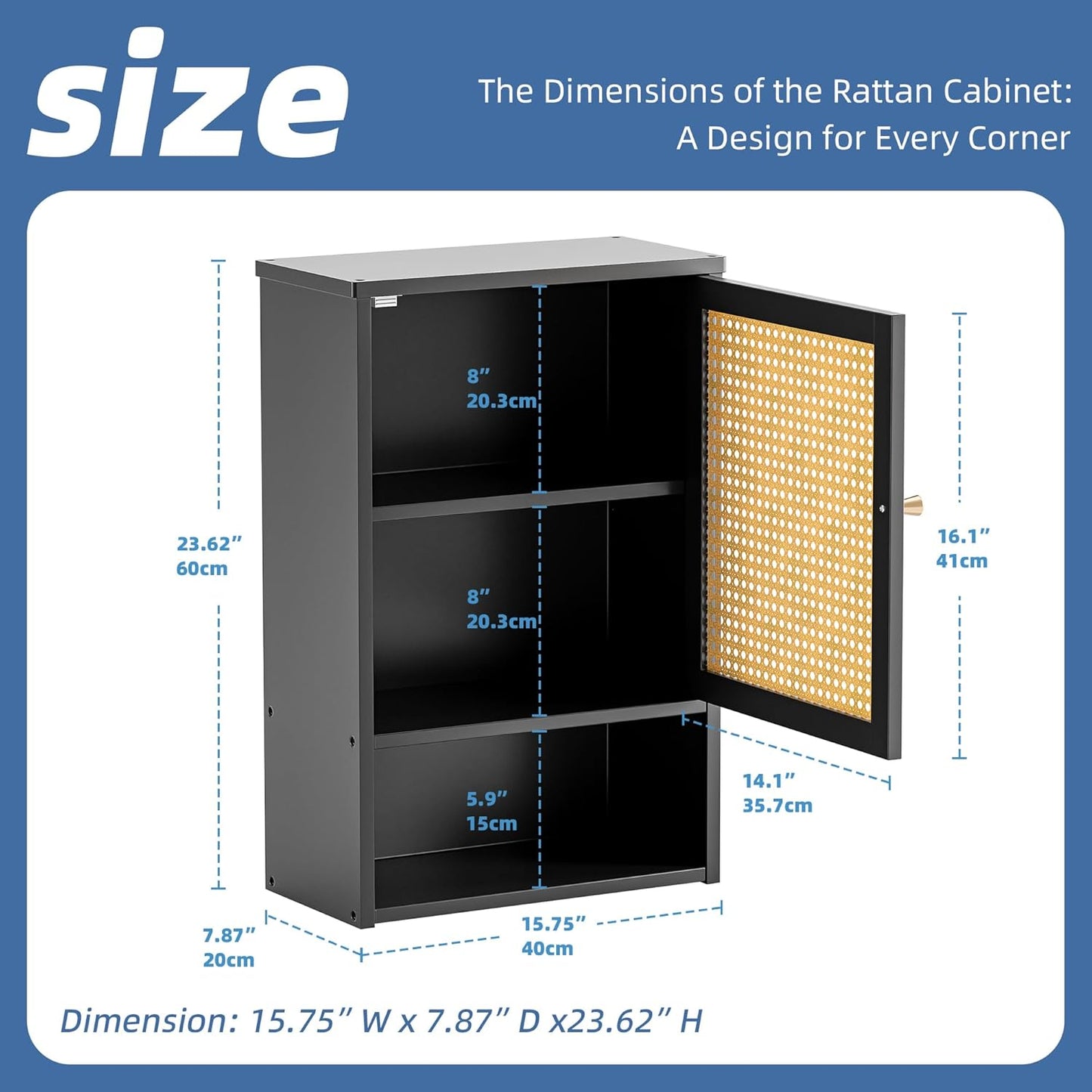 HITNET Wall Cabinet, Bamboo Medicine Cabinet with Single Rattan Door and Adjustable Shelf, Bathroom Hanging Storage Organizer Over Toilet for Small Space(Black)