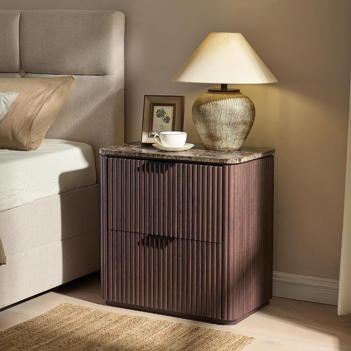Fluted Nightstand Set of 2, Bedside Table with 2 Drawers, Engineered Wood End Table with Faux Marble-Top, Curved Corners, Metal Handle, Modern Night Stand for Bedroom, Small Spaces, Dark Oak