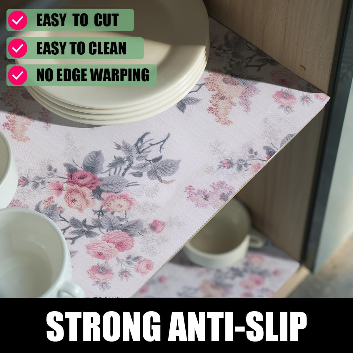 Drawer and Shelf Liner for Cabinets, Non-Adhesive and Strong Non-Slip Vintage Floral Shelf Cabinet Drawer Liners for Kitchen,Table,Bookshelves,Waterproof Cupboard Liners,12IN x 10FT