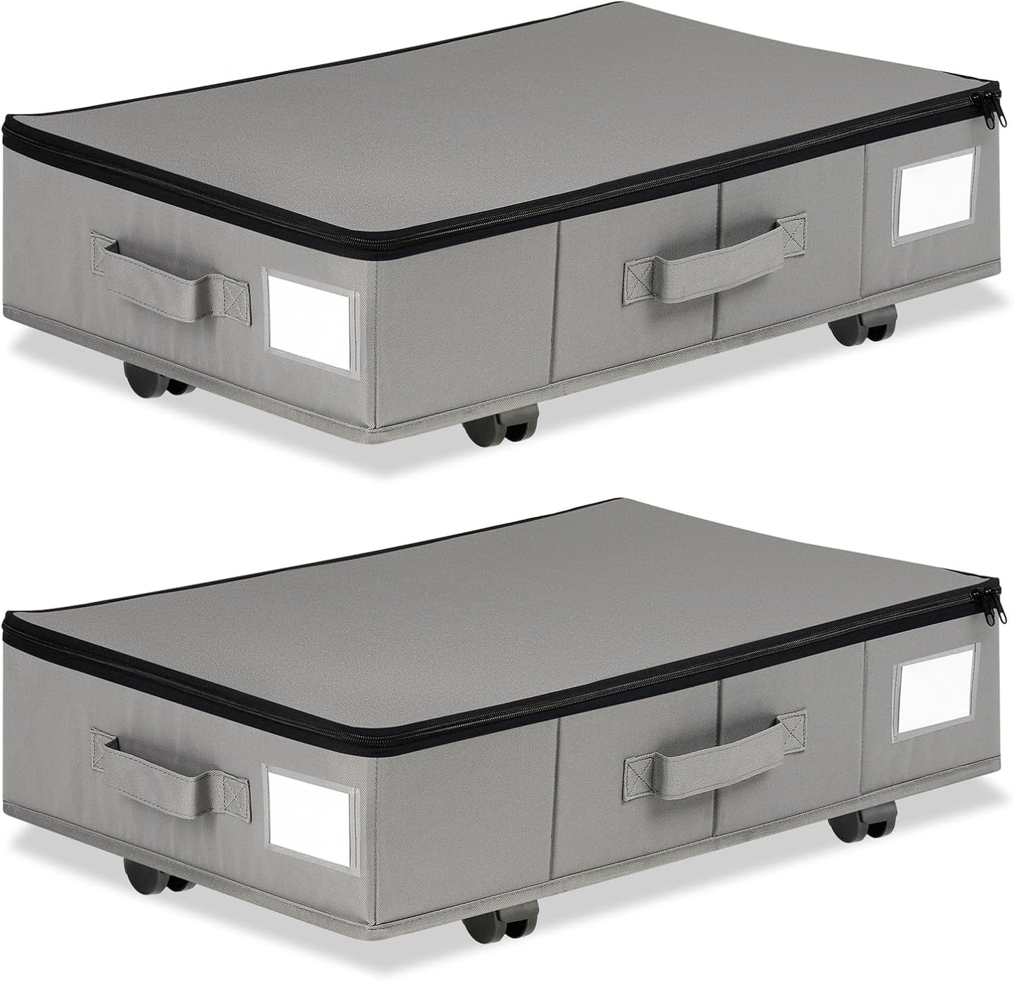 Under Bed Storage with Wheels, 2 Pack Under Bed Storage Containers with Label Holders for Clothes, Shoes and Blankets, Rolling Underbed Shoe Organizer with Cover, Grey (23.6 x 15.7 x 7.28 in)