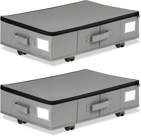 Under Bed Storage with Wheels, 2 Pack Under Bed Storage Containers with Label Holders for Clothes, Shoes and Blankets, Rolling Underbed Shoe Organizer with Cover, Grey (23.6 x 15.7 x 7.28 in)