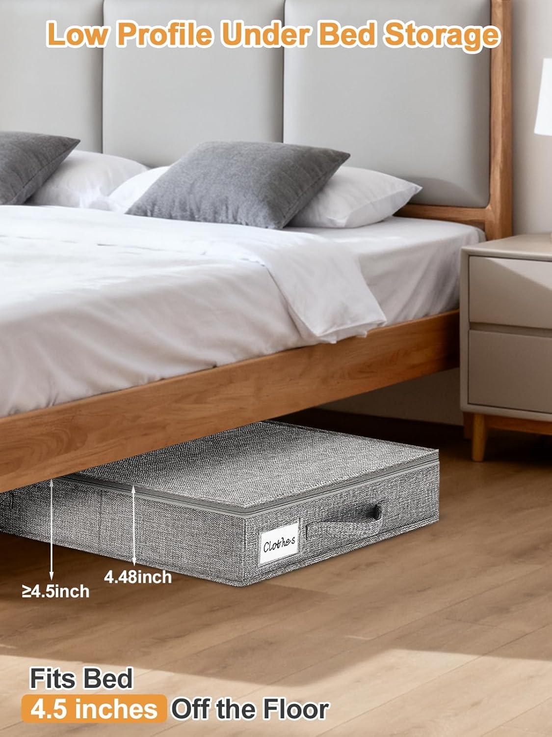 punemi Under Bed Storage Containers, 2 Pack 4.5 Inch Tall Low Profile Underbed Clothes Storage Organizer Bin with Sturdy Side & Bottom Support, Use as Clothes Organizer, Pillow and Blanket Organizer