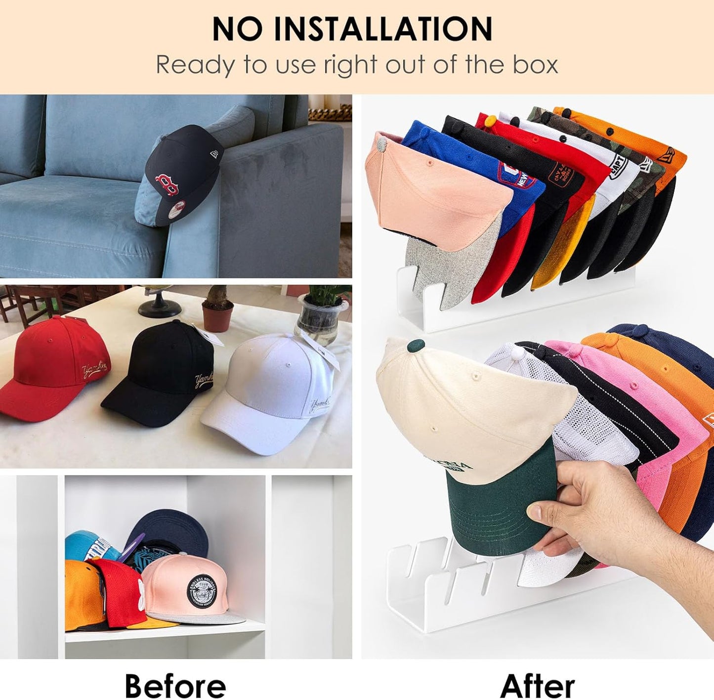 OAPRIRE Hat Stand for Baseball Caps Display and Organizer, No Install Acrylic Hat Organizer 2 Pack Holds 14 Baseball Caps for Closet, Bedroom, Dresser (White)