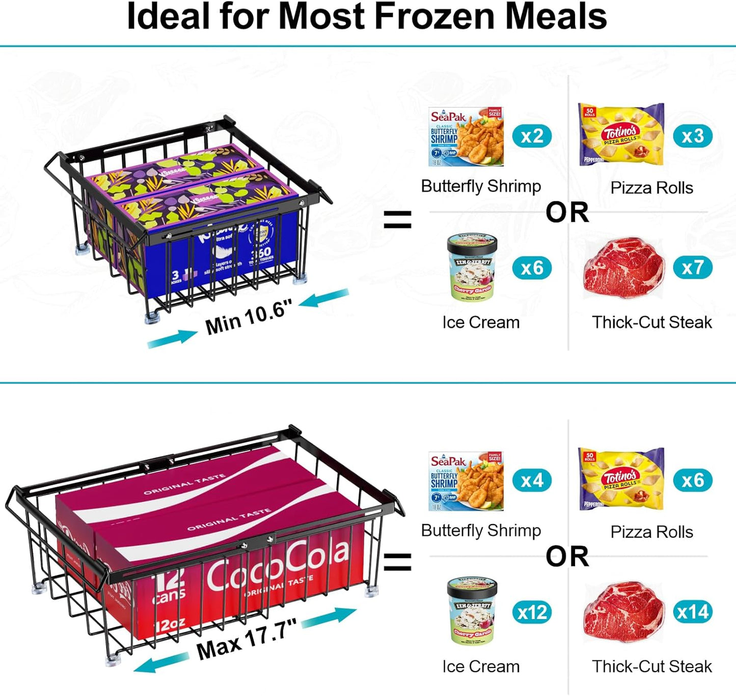 iSPECLE Freezer Organizer Bins - Fit 10 to 20 Cu.FT Deep Freezer, 4 Pack Large Expandable Stackable Chest Freezer Organizer Bins Sort Frozen Food and Easily Get without Digging in the Freezer, Black