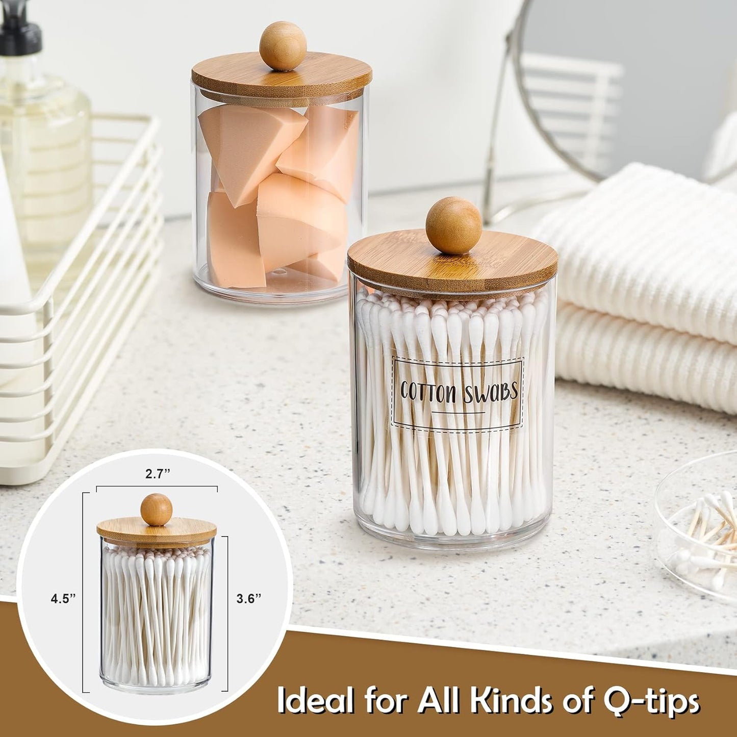 3 Pack Qtip Holder Dispenser with Bamboo Lids - 10 oz Clear Plastic Apothecary Jar Containers for Vanity Makeup Organizer Storage - Bathroom Accessories Set for Cotton Swab, Ball, Pads, Floss