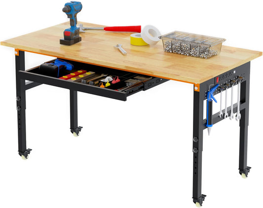 Betterhood 60" Adjustable Workbench on Wheels, 2000 LBS Heavy Duty Work Table with Power Outlets & Pegboard, Rubber Wood Workstation for Garage, Workshop, Office, Home, Commercial