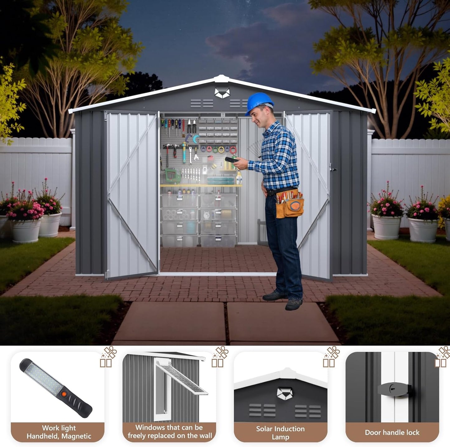 10x8 FT Outdoor Storage Shed, Metal Garden Shed - Tool Storage Sheds with Lockable Doors & 1 Vented Clear Window, Waterproof Outside Storage Building for Backyard, Patio (Black; Floor Not Included)