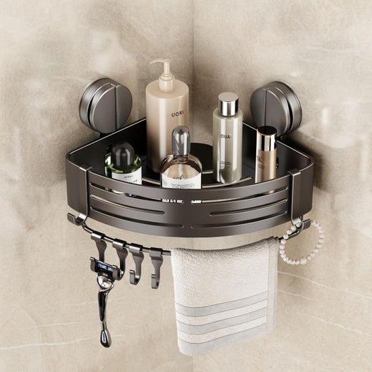 VOLPONE Corner Shower Caddy Suction Cup Shower Shelf Corner No Drilling Bathroom Shower Organizer Storage Rack Adhesive with Towel Bar Hooks(1-Pack, Gray)